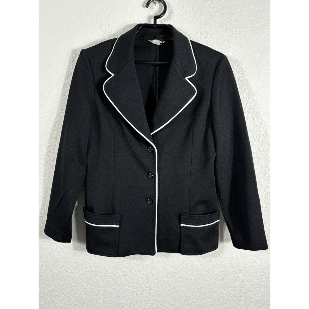 Vintage 70s Blazer Size M Black White Piping Long Sleeve Polyester Contrast Trim